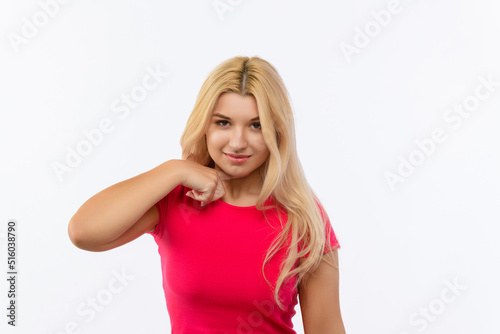 a girl in a pink dress on a white background shows that you are there © Павло Товтин