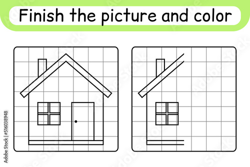Complete the picture home. Copy the picture and color. Finish the image. Coloring book. Educational drawing exercise game for children