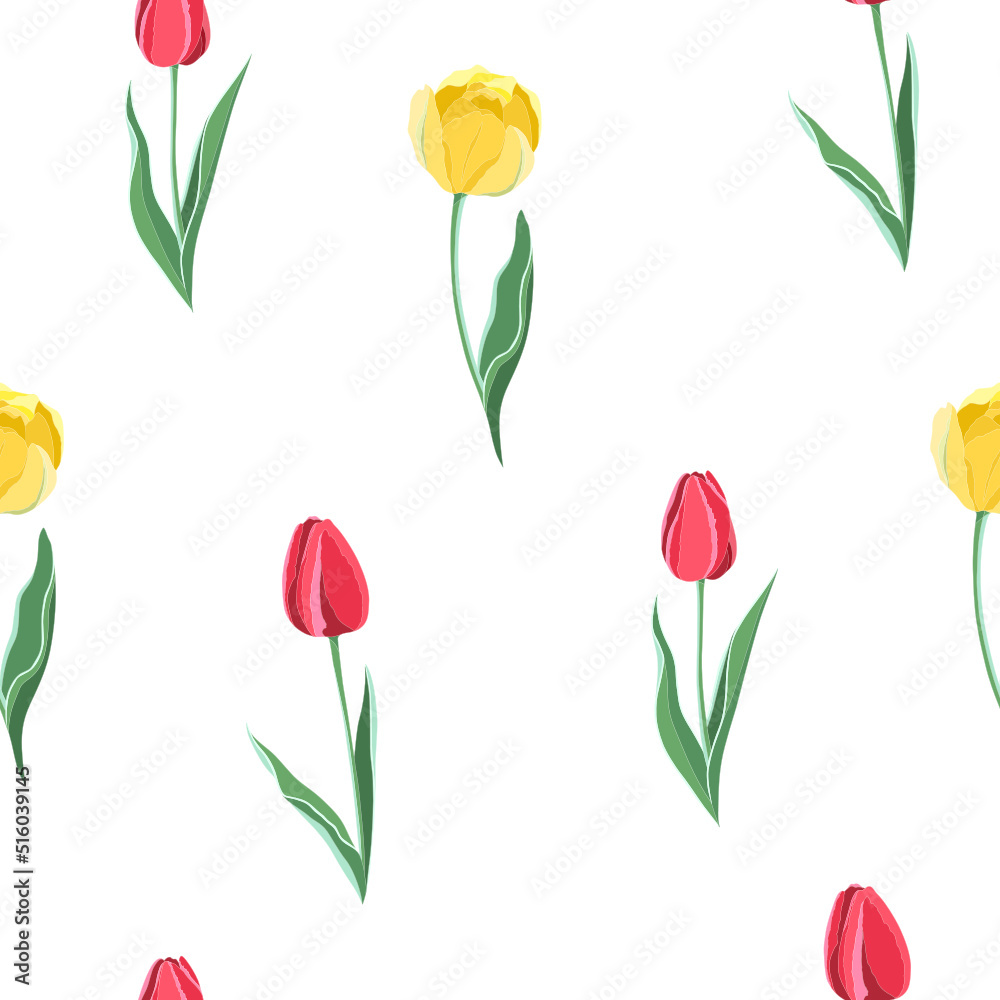 Obraz premium Vector seamless pattern with yellow and red tulips