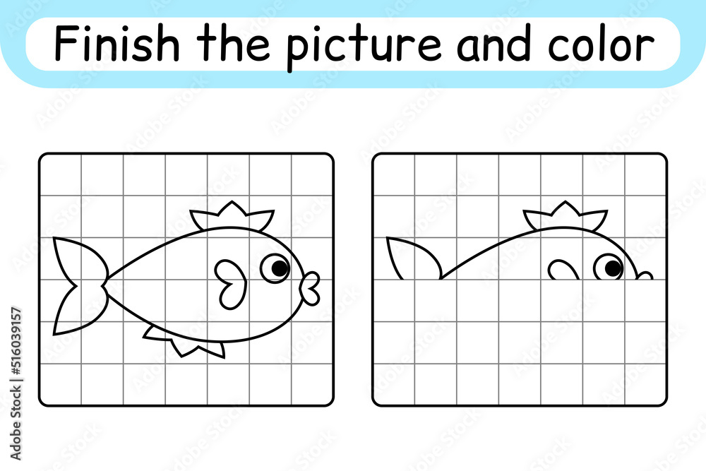 Complete the picture fish. Copy the picture and color. Finish the image ...