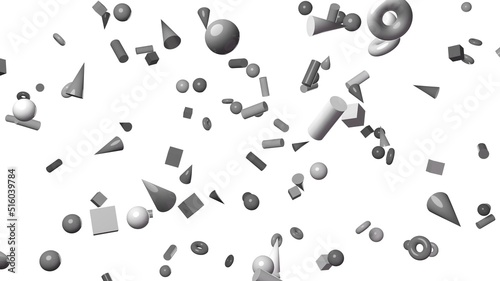 Gray geometric objects on white background. 3DCG confetti illustration for background. 