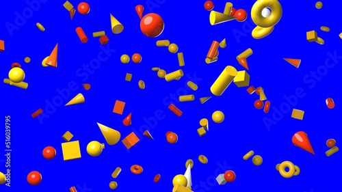 Yellow geometric objects on blue chroma key background. 3DCG confetti illustration for background.