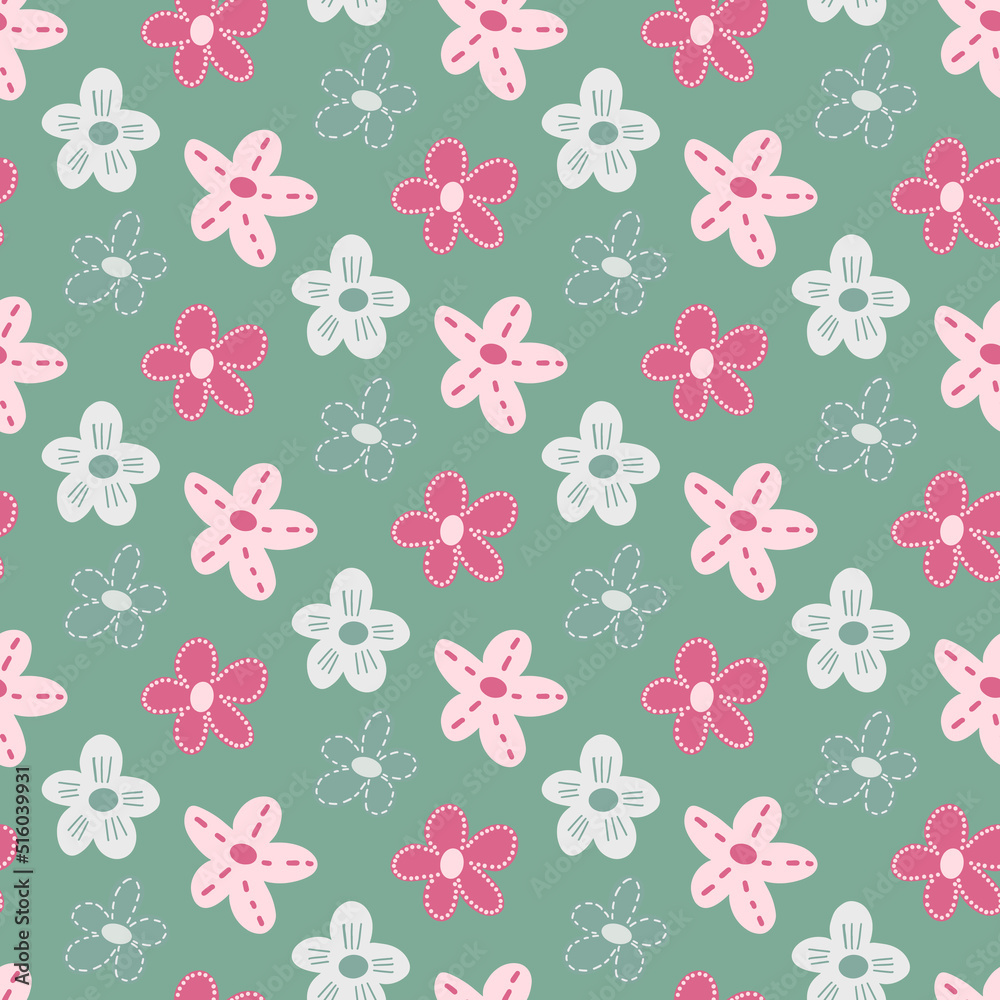 floral seamless pattern design with hand drawn simple flower daisy doodle. Cute childish ditsy vector background.