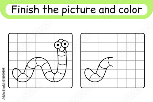 Complete the picture worm. Copy the picture and color. Finish the image. Coloring book. Educational drawing exercise game for children