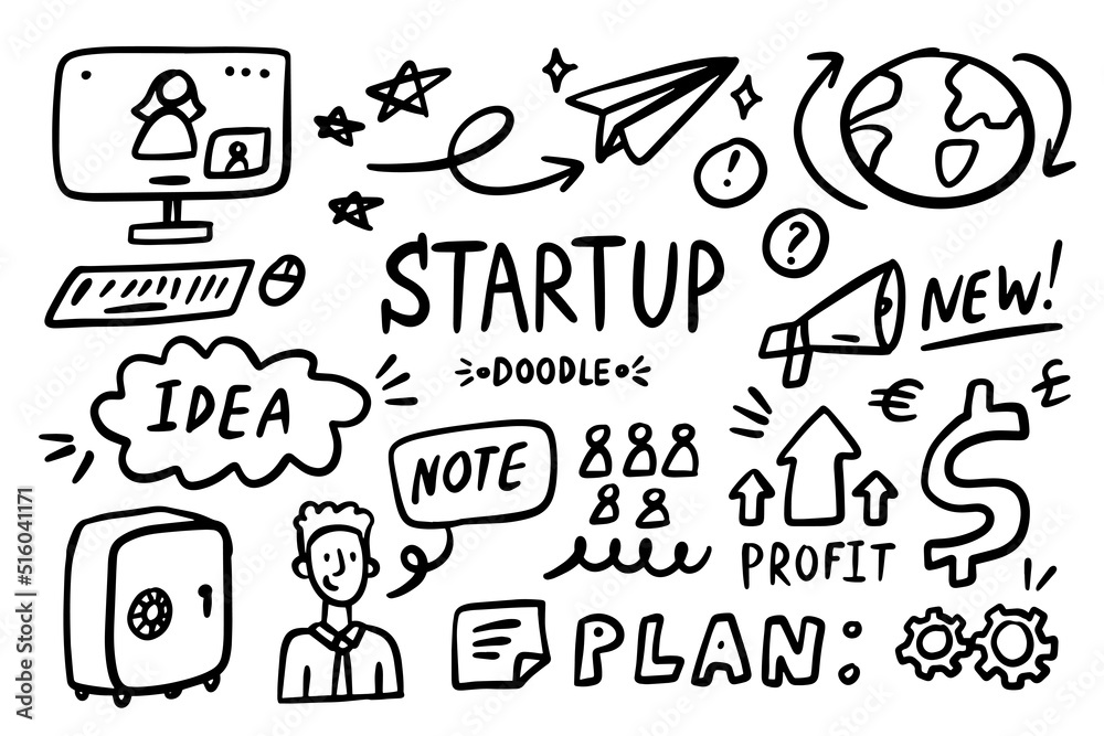Startup doodle vector set. Sketch outline business strategy icons. Drawing element silhouette