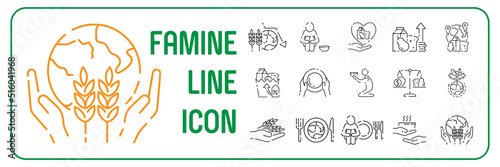 Destitution line icon set. Included the icons as scraggy, skinny, starving, homeless , beggar, poor and more. Global famine crisis. Global food security photo