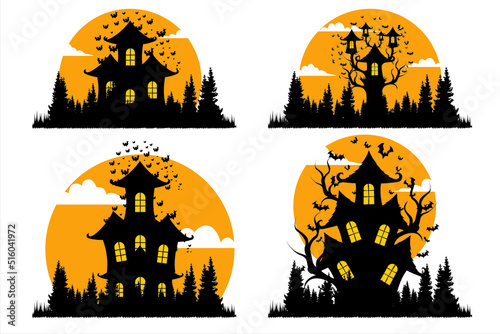 Happy Halloween. haunted house, tree, cemetery, scarecrow, bat vector illustration 
