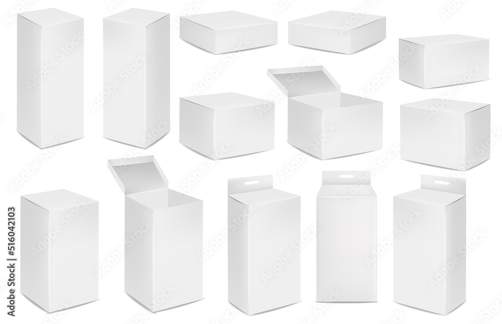 Isolated boxes packaging, realistic isolated white pack set, vector illustration, cosmetics box vector, boxes package collection Isolated boxes packaging, realistic isolated white pack set, vector illustration, cosmetics box vector, boxes package collection