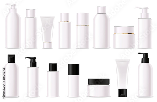 Set of realistic package for cosmetics product. Collection plastic container with pump, bottle, spray. Packaging mockup set collection vector, isolated realistic white bottle