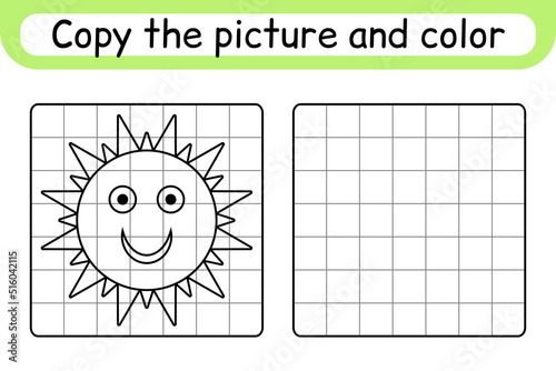 Copy the picture and color sun. Complete the picture. Finish the image. Coloring book. Educational drawing exercise game for children