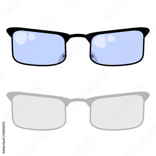 Vector illustration of rectangular glasses with black frame and blue glass with flare on a white background with shadow