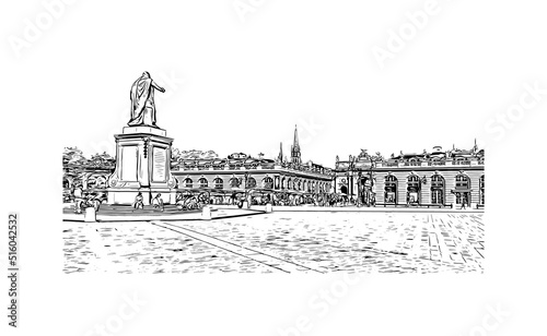 Building view with landmark of Nancy is the 
city in France. Hand drawn sketch illustration in vector.