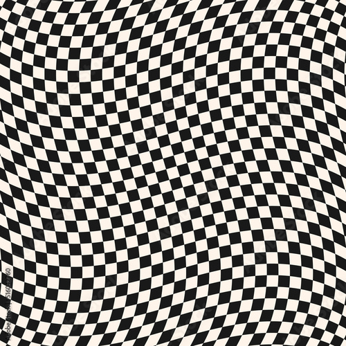 Checkered black and white seamless pattern with optical illusion effect. Simple abstract vector monochrome background. Modern distorted texture. Op art style. Funky repeat design for decor  print