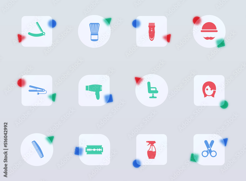 barber shop glass morphism trendy style icons. barber shop transparent glass color vector icon with color figures. for web and ui design, mobile apps and promo business advertising