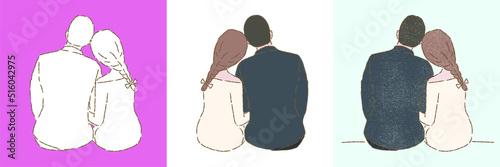 Set of a young happy couple cartoon characters sitting back view. Hand drawn flat vector illustration in different styles isolated on colored background.