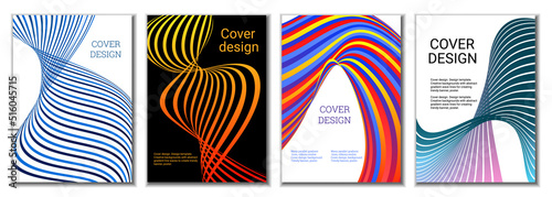 A set of 4 abstract covers. Wavy parallel gradient lines, ribbons evolve. Cover design, background. Trendy banner, poster.