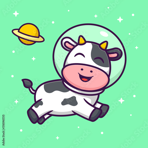 Cute Cow as Astronaut in Cartoon. Animal Vector Illustration. Flat Style Concept.