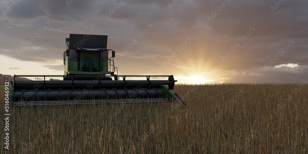 Harvester on the field, concept for advertising. 3D illustration.