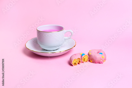 pink breakfast with pink sweets on pink background