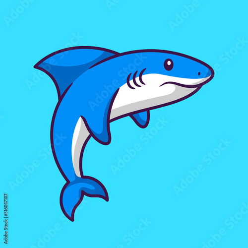 Vector Illustration of Cute Shark in Cartoon Hand Drawn Flat Style Isolated on Blue Background