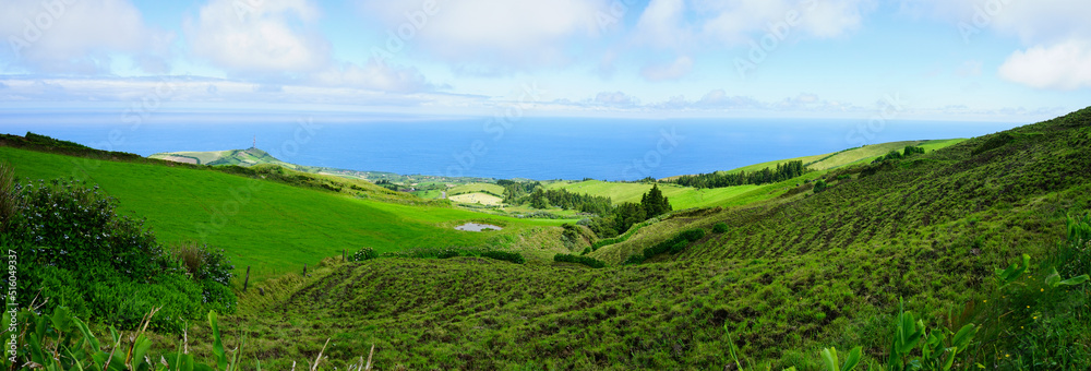 Green fields of Sao Miguel, Azores islands, Portugal