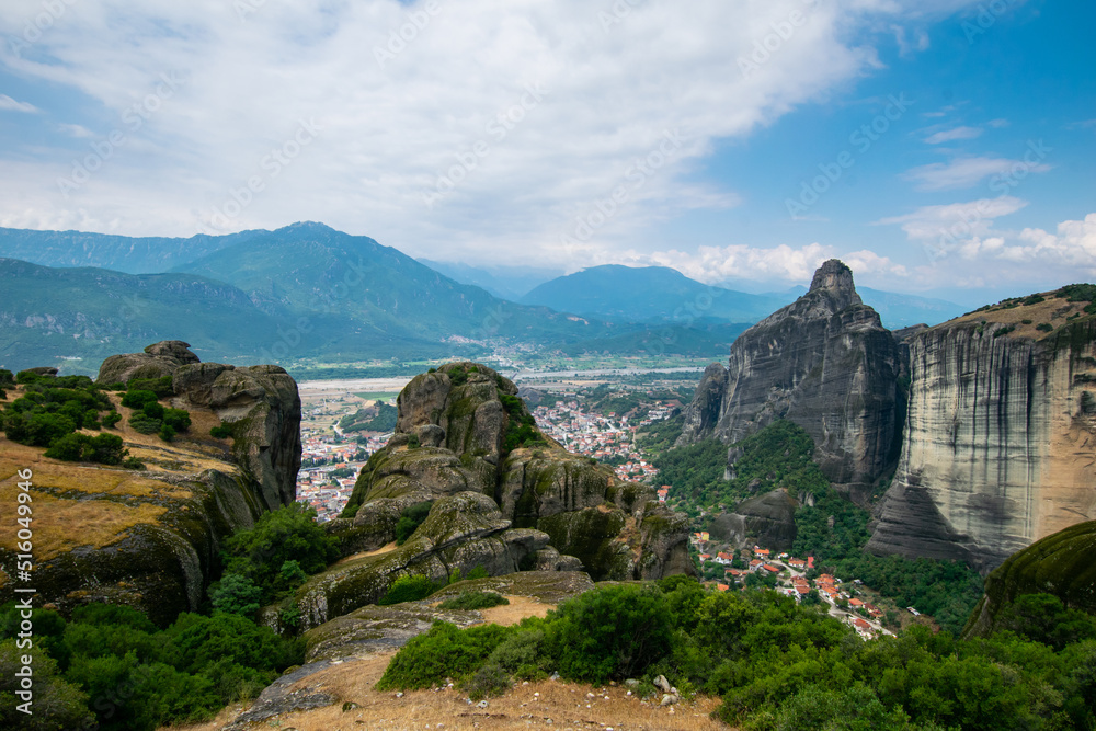 View of Kalabaka town from the top of the iconic rocks of Meteora in Greece