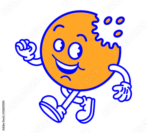 Cartoon mascot of a bitten cookie, comic flat character, fast food and bakery logo, product sticker label