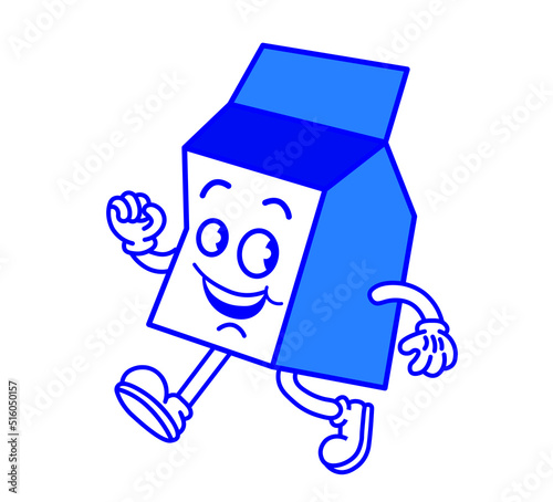 retro cartoon character with a body of a milk pack. Restaurant, fast food mascot. Vintage rubberhose comic style design. 