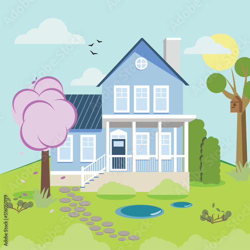 sweet home, yard spring nature, flowering trees birdhouse