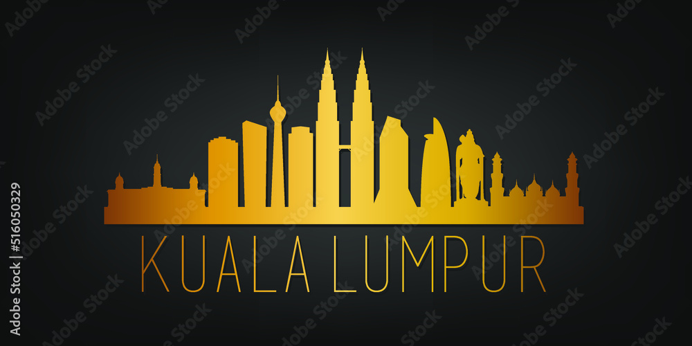 Fototapeta premium Kuala Lumpur, Malaysia Gold Skyline City Silhouette Vector. Golden Design Luxury Style Icon Symbols. Travel and Tourism Famous Buildings.