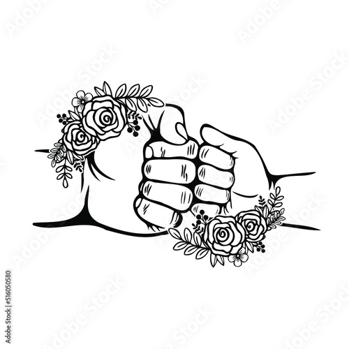 Father and son fist bump with flower, Parent and child bumping fists, Happy Father's day. Hands gesture of two child and adult. Fatherhood lifestyle. Flat design.	