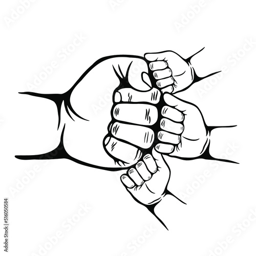 Father and three son fist bump, Parent and 3 child bumping fists, Happy Father's day.  Hands gesture of three child and adult. Fatherhood lifestyle. Flat design.