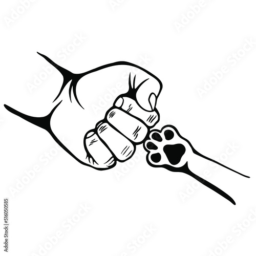 A man's hand Fist bump dog's paw. Illustration. friendship, Paw of a puppy or kitten Fist bump human hand