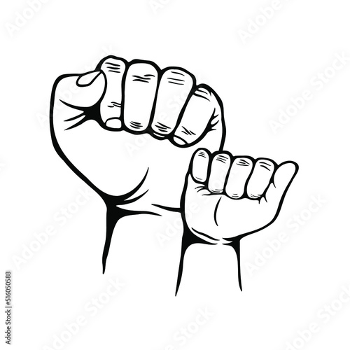 father and son fist. hands clenched power strength. Raised fist line art. Male hand raised, palm of your hand to us compressed in a fist. concept of power, superiority, leadership