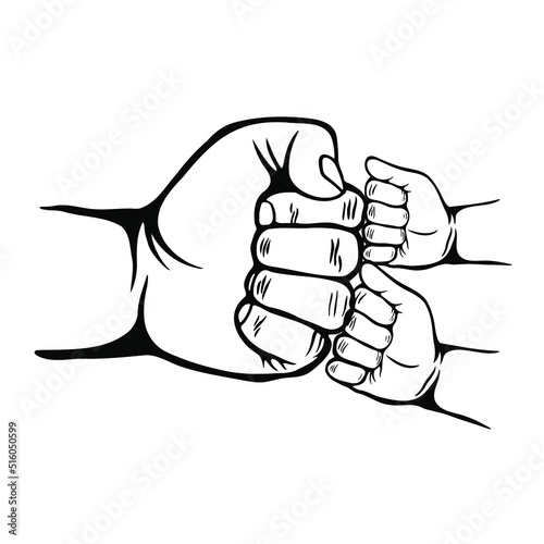 Father and two son fist bump, Parent and 2 child bumping fists, Happy Father's day.  Hands gesture of two child and adult. Fatherhood lifestyle. Flat design.