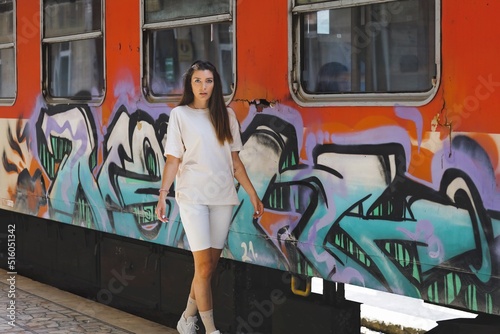 portrait of a women on the graffiti train at the railway station in varna bulgaria 