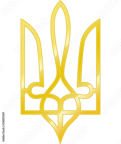 Golden and gleamy Ukrainian national emblem, Tryzub, trident. Digital illustration of a coat of arms. photo