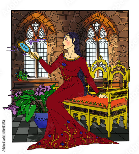 A woman in a medieval dress with a magic mirror in her hand sits on a sofa in a castle room. Digital fairytale illustration. photo
