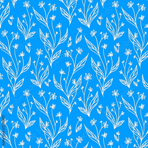 Elegant white flower pattern on blue background. Vintage wallpaper and gift wrapping.