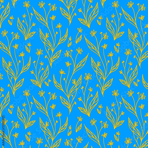 Elegant golden flower pattern on blue background. Vintage wallpaper and gift wrapping.