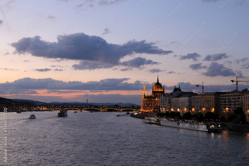 Sunset on the Danube River in Budapest the capital of Hungary