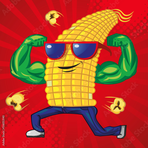 strong and healthy corn cob cartoon with big arms and sunglasses