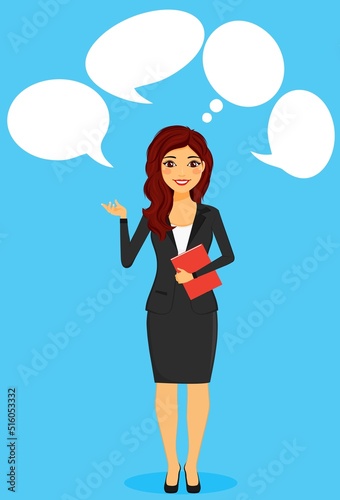 Young woman in a business suit with a book in her hand, speech bubbles. Flat style. Cartoon.