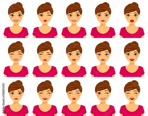Young woman with different facial expressions. Set of emotions. Flat style on a white background. Cartoon