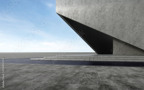 Empty concrete floor for car park. 3d rendering of abstract building with blue sky background.