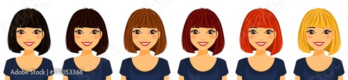 Girl with short hair smiling. Different hair color. Flat style on a white background.Cartoon