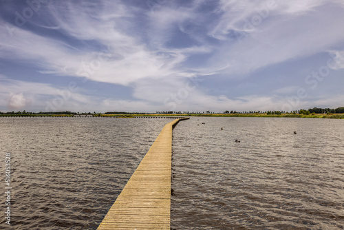 Landscape nature reserve 't Roegwold near the town of Schildwolde in the Dutch province of Groningen with club path through the water against a background with tblue sky with veil clouds