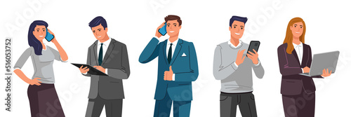 Business people with gadgets concept. Men and women holding smartphone, tablet and laptop for technology or internet communication