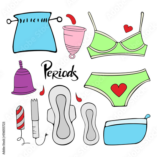 a set of things for feminine hygiene, underwear, pads, tampons, menstrual cups. ecological alternatives. cute women's health postcard design template. vector illustration isolated.