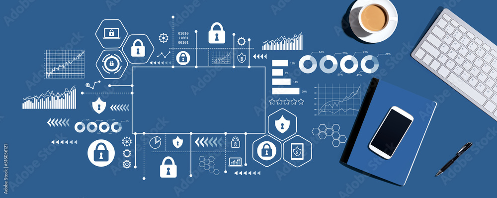 Cyber security theme with computer keyboard and office items Cyber security theme with computer keyboard and office items
